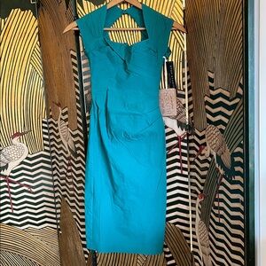 NWT Stop Staring! ModCloth Teal Love Dress Bow Back Wiggle Pencil XS